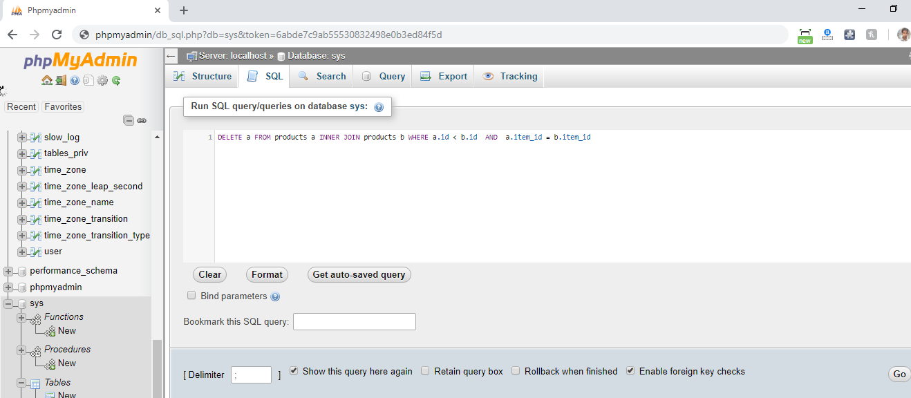 delete Duplicate data from database using phpmyadmin