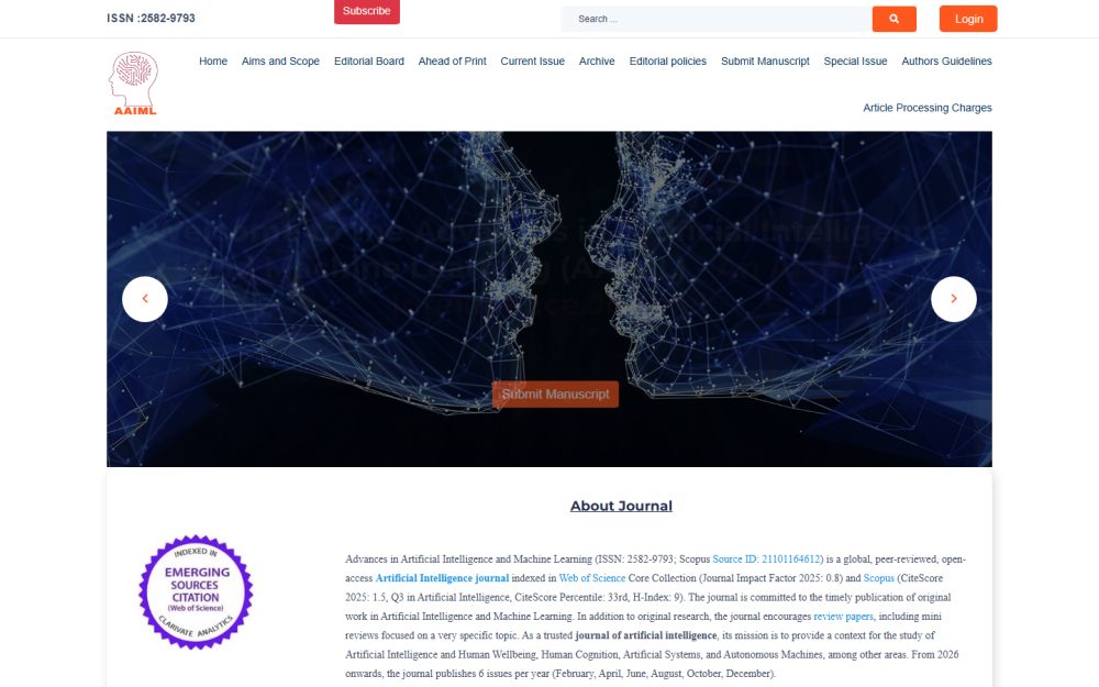 Screenshot of the Advances in Artificial Intelligence and Machine Learning website