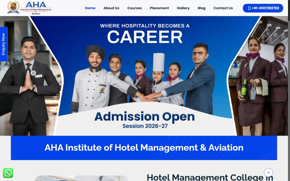 Screenshot of the AHA India — Airline & Hotel Management Academy Portal website