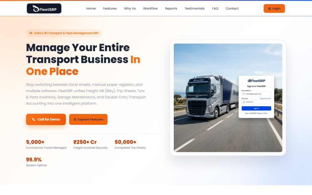 Screenshot of the Fleet SRP — Transport & Fleet Management ERP website