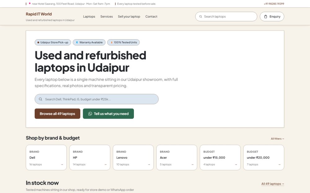 Screenshot of the Rapid IT World — Used & Refurbished Laptops in Udaipur website