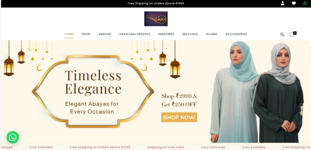 Screenshot of the Sanaas Collection — Modest Fashion & Luxury Abayas website