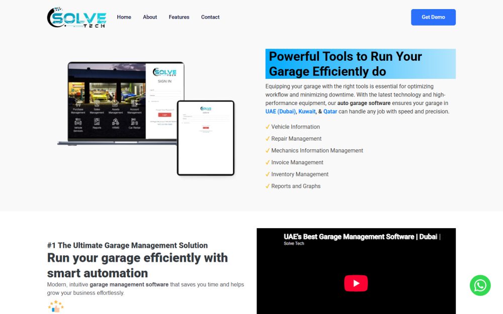 Screenshot of the Solve Garage — Garage Management Software website