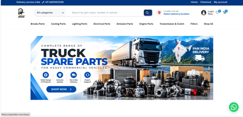 Screenshot of the SSpine Tec — Heavy Commercial Truck Spare Parts website