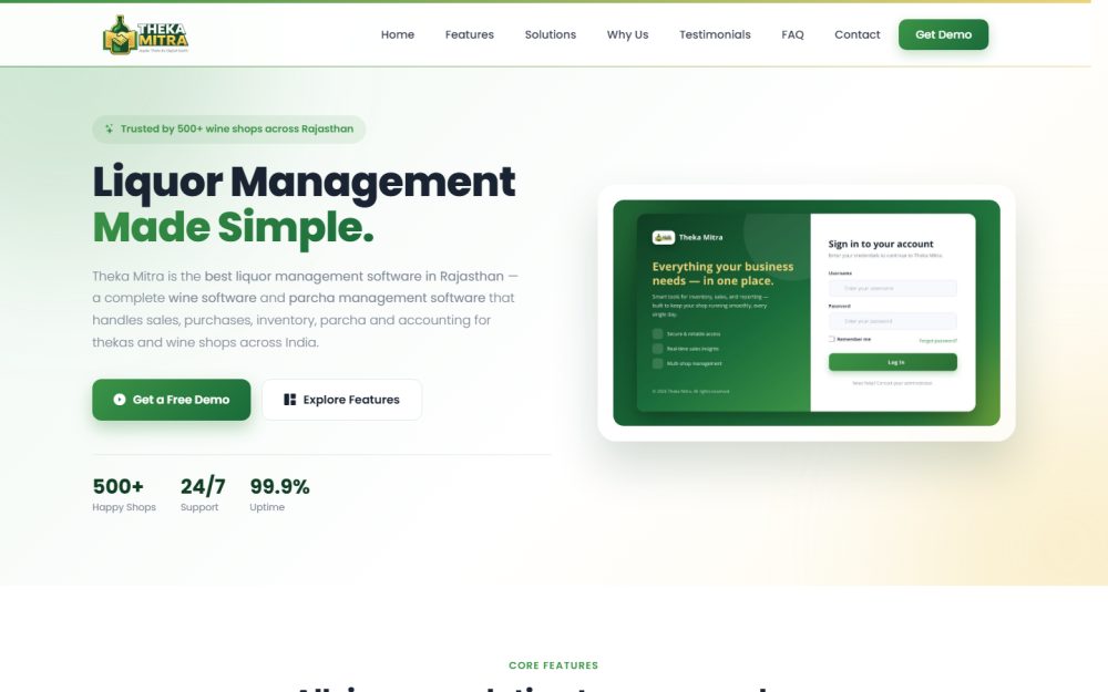 Screenshot of the Theka Mitra — Liquor Management Software website