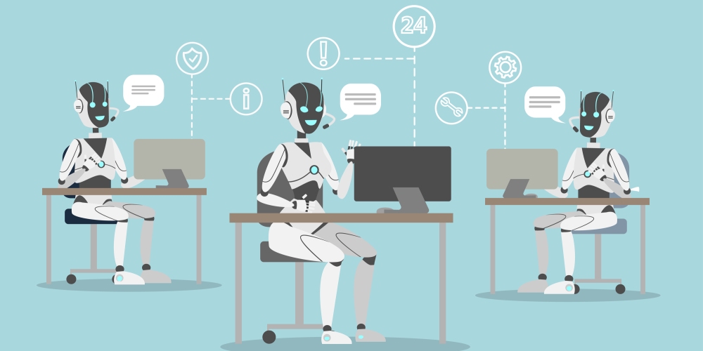 Chatbots customer service. Robots with headset answering questions.